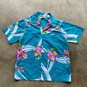 VINTAGE 70S HAWAIIAN SHIRT HILO HATTIE XL POLYESTER BLUE FLORAL